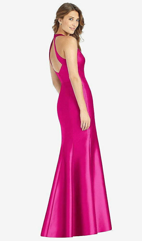 Back View - Think Pink V-Neck Halter Satin Trumpet Gown