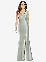 Front View Thumbnail - Willow Green V-Neck Halter Satin Trumpet Gown