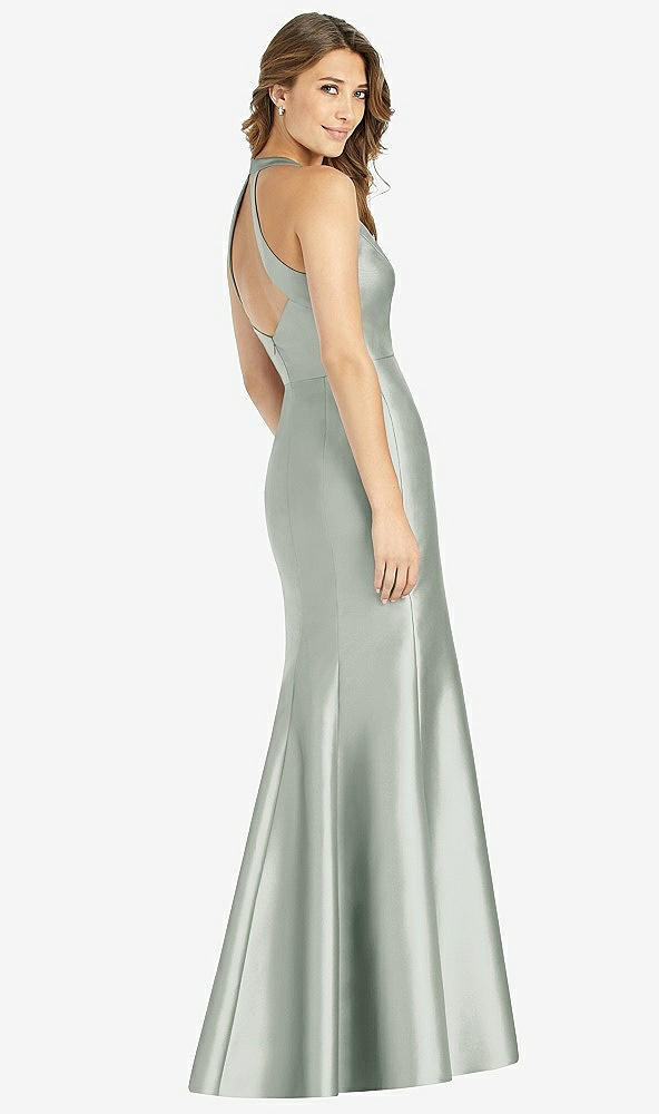 Back View - Willow Green V-Neck Halter Satin Trumpet Gown