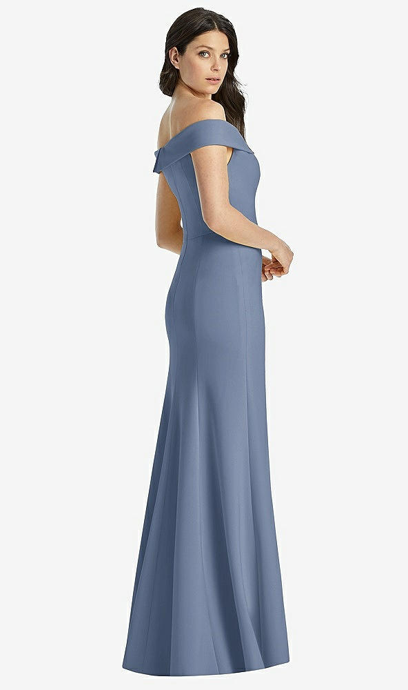 Back View - Larkspur Blue Off-the-Shoulder Notch Trumpet Gown with Front Slit