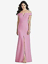 Front View Thumbnail - Powder Pink Off-the-Shoulder Notch Trumpet Gown with Front Slit