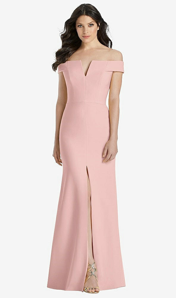 Front View - Rose - PANTONE Rose Quartz Off-the-Shoulder Notch Trumpet Gown with Front Slit