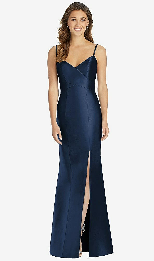 Front View - Midnight Navy Maxi Length Spaghetti Strap Mermaid Dress