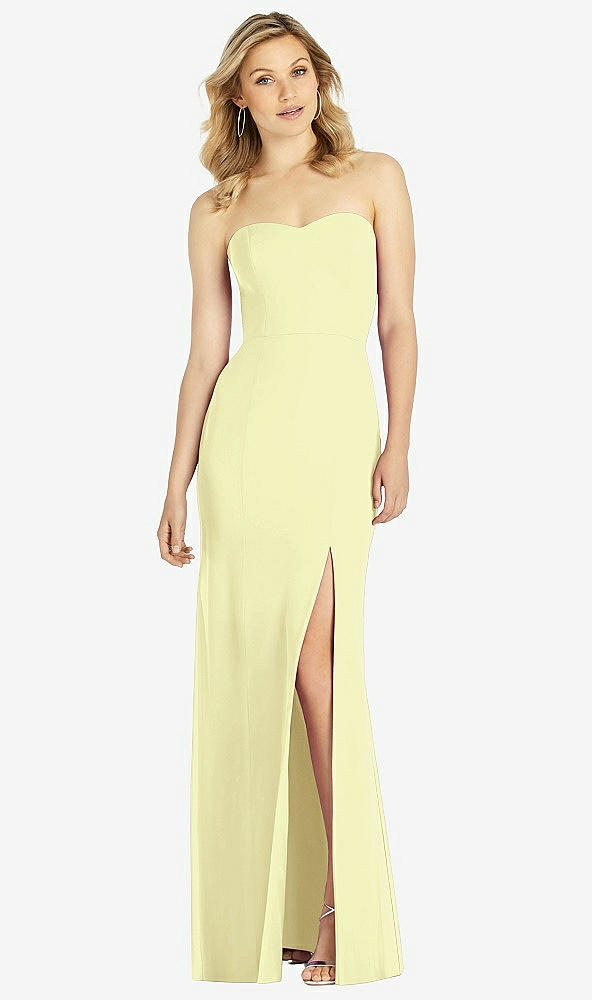 Front View - Butter Yellow Strapless Chiffon Trumpet Gown with Front Slit