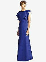 Front View Thumbnail - Cobalt Blue Ruffle Cap Sleeve Open-back Trumpet Gown