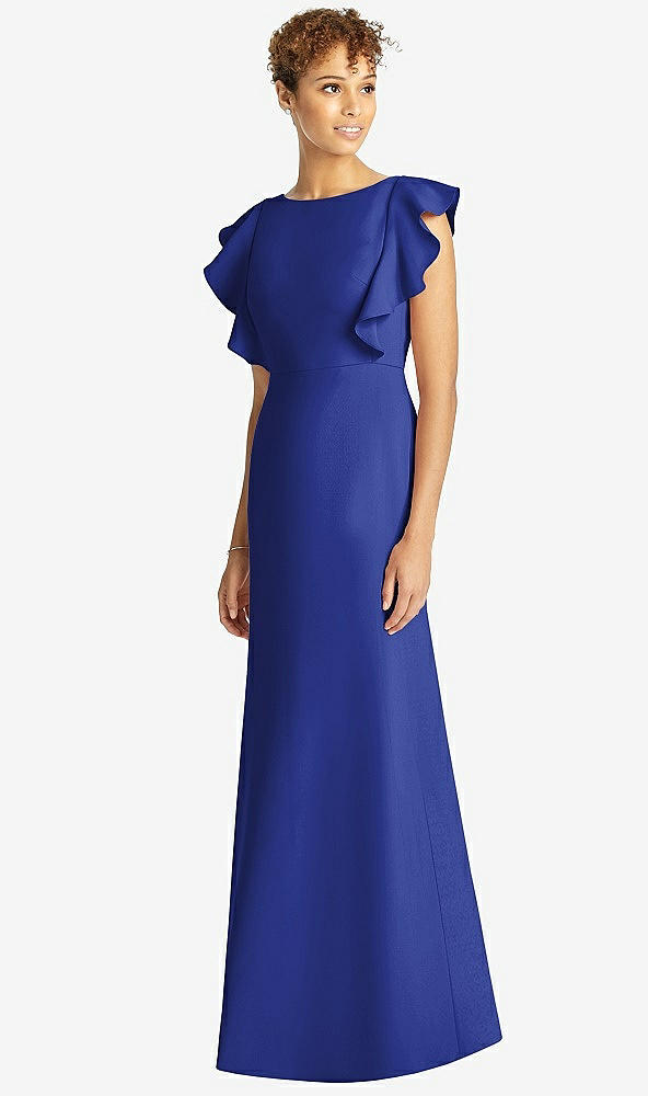 Front View - Cobalt Blue Ruffle Cap Sleeve Open-back Trumpet Gown