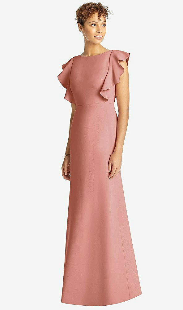 Front View - Desert Rose Ruffle Cap Sleeve Open-back Trumpet Gown