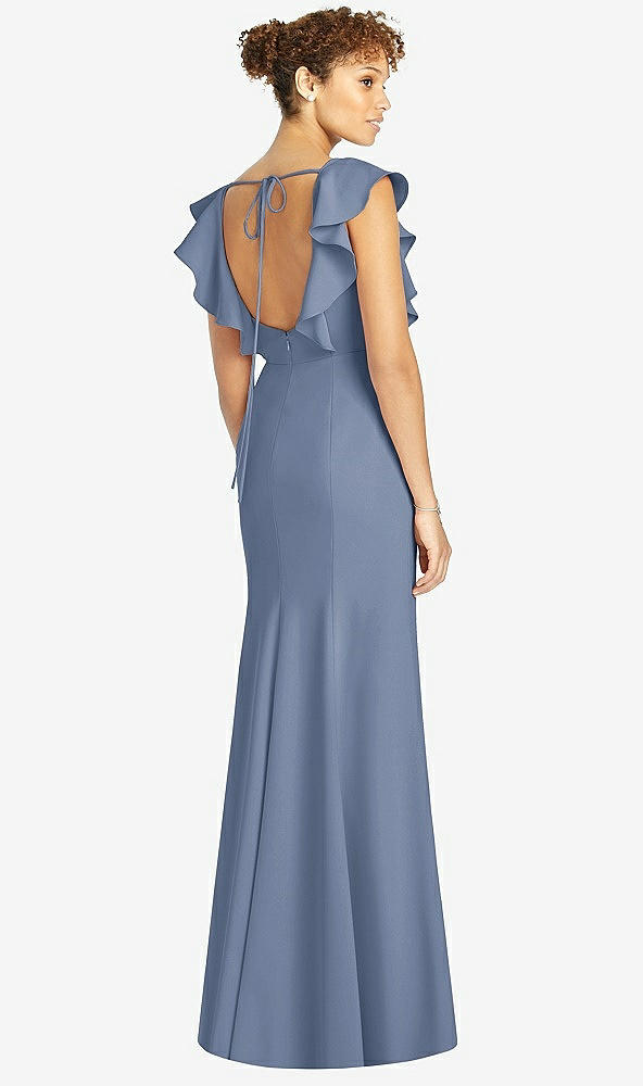 Back View - Larkspur Blue Ruffle Cap Sleeve Open-back Trumpet Gown