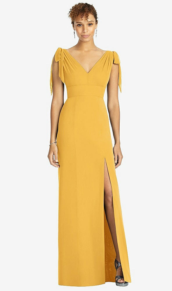 Front View - NYC Yellow Bow-Shoulder Sleeveless Deep V-Back Mermaid Dress