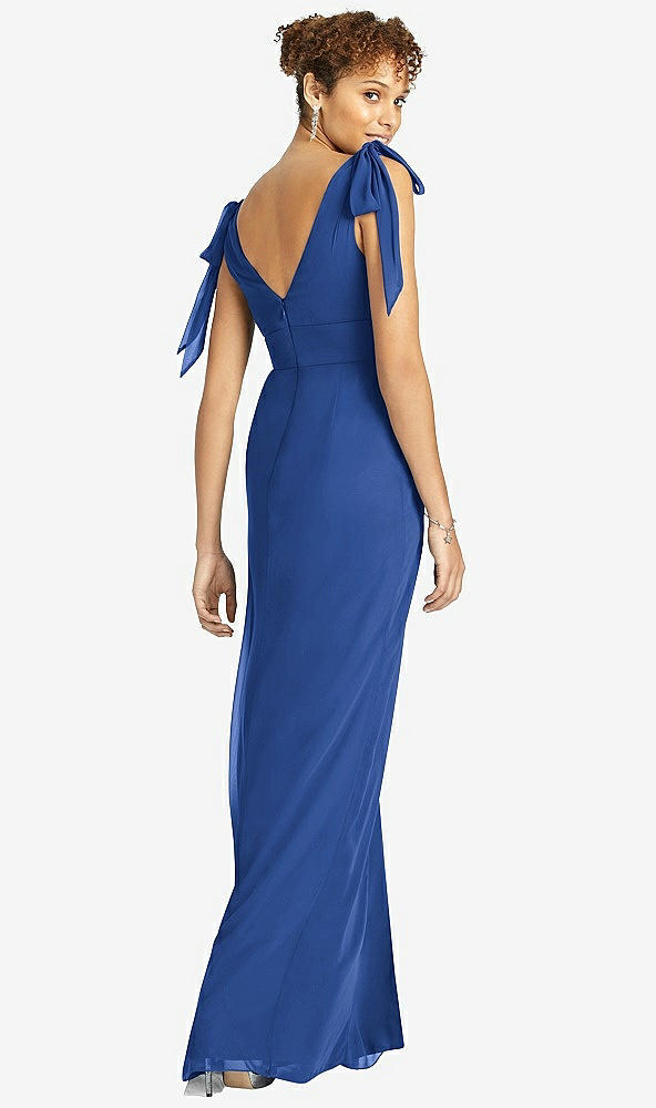 Back View - Classic Blue Bow-Shoulder Sleeveless Deep V-Back Mermaid Dress