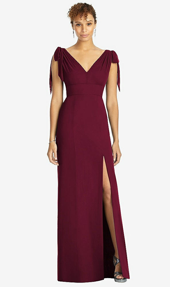 Front View - Cabernet Bow-Shoulder Sleeveless Deep V-Back Mermaid Dress