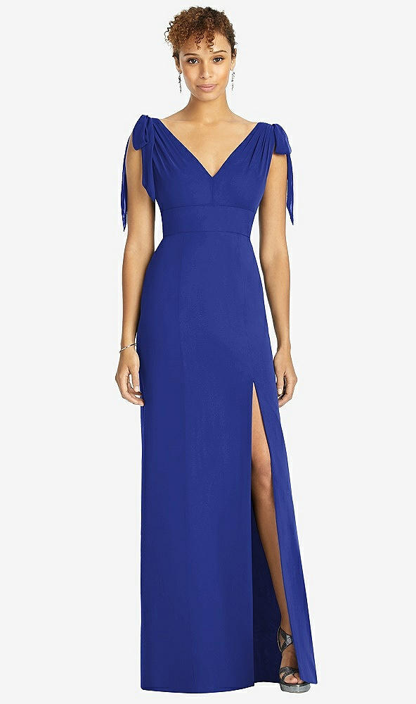 Front View - Cobalt Blue Bow-Shoulder Sleeveless Deep V-Back Mermaid Dress