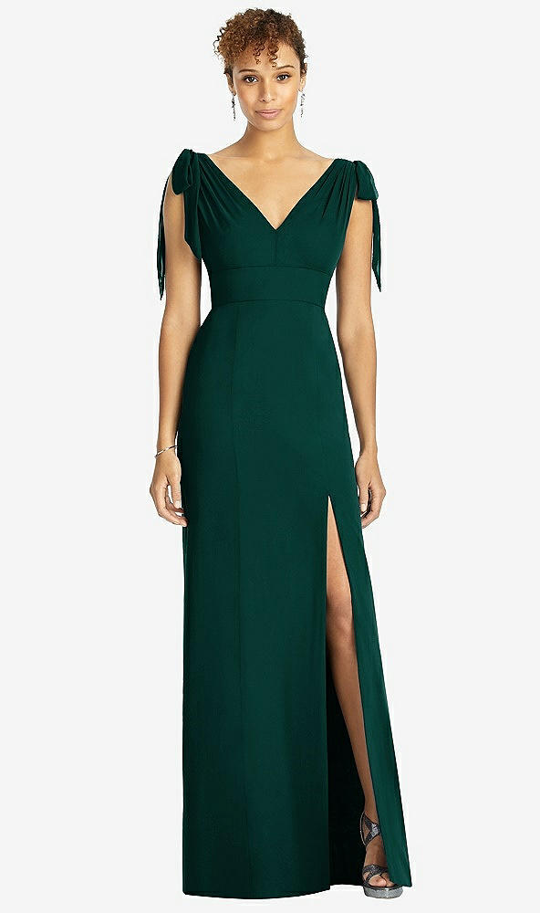 Front View - Evergreen Bow-Shoulder Sleeveless Deep V-Back Mermaid Dress