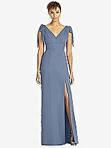 Front View Thumbnail - Larkspur Blue Bow-Shoulder Sleeveless Deep V-Back Mermaid Dress