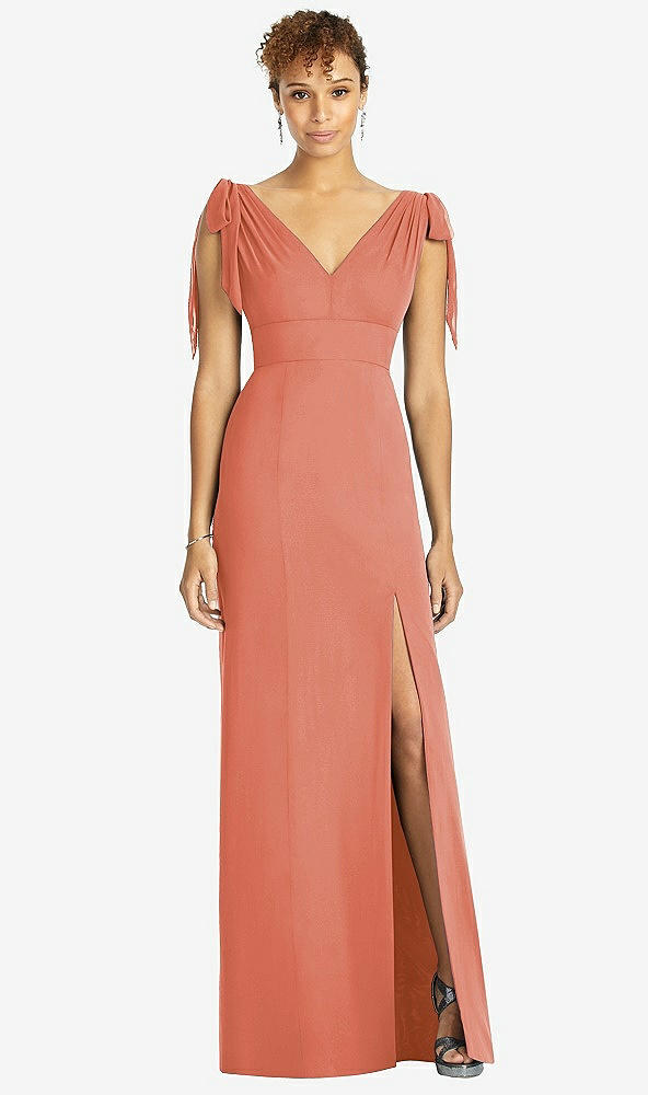 Front View - Terracotta Copper Bow-Shoulder Sleeveless Deep V-Back Mermaid Dress