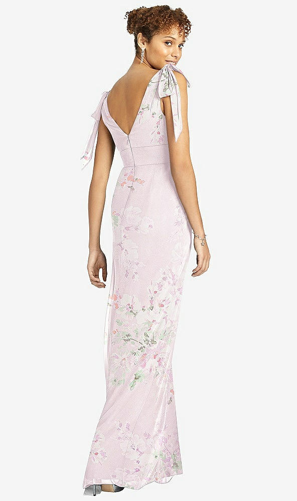 Back View - Watercolor Print Bow-Shoulder Sleeveless Deep V-Back Mermaid Dress