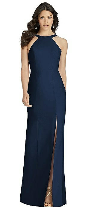 High-Neck Backless Crepe Trumpet Gown