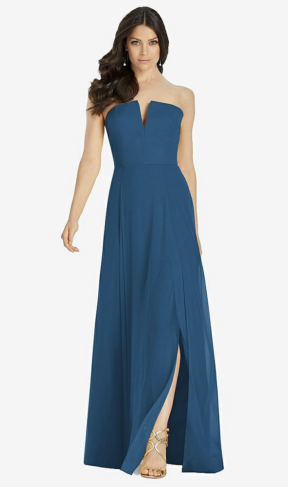 Front View - Dusk Blue Strapless Notch Chiffon Maxi Dress