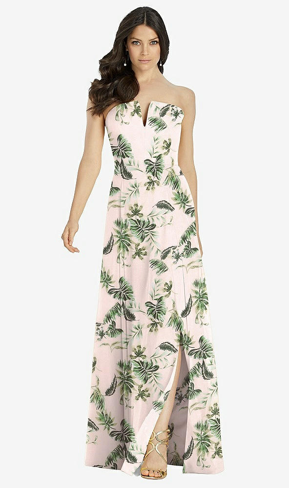 Front View - Palm Beach Print Strapless Notch Chiffon Maxi Dress