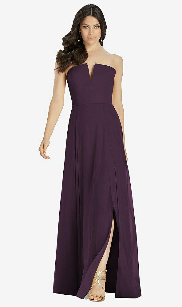 Front View - Aubergine Strapless Notch Chiffon Maxi Dress