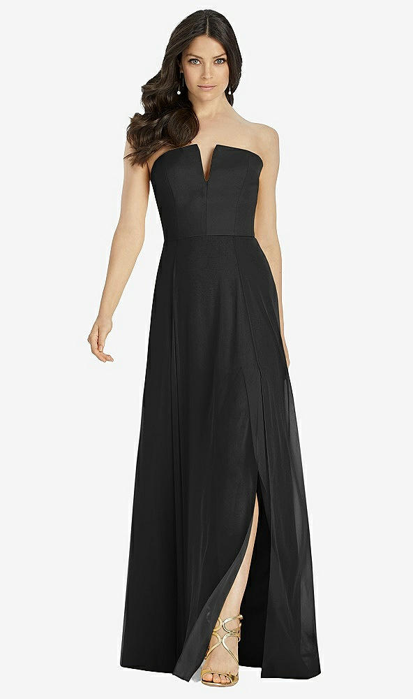 Front View - Black Strapless Notch Chiffon Maxi Dress