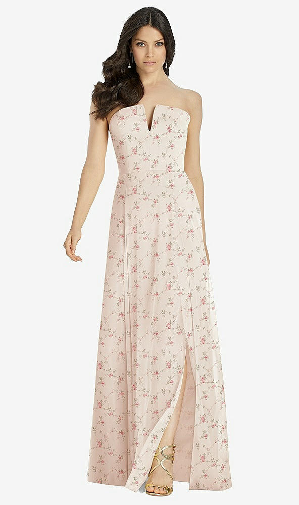 Front View - Coquette Floral Print Strapless Notch Chiffon Maxi Dress