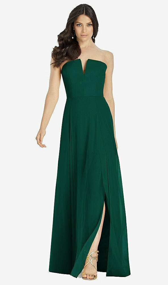 Front View - Hunter Green Strapless Notch Chiffon Maxi Dress