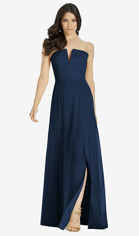 Front View - Midnight Navy Strapless Notch Chiffon Maxi Dress