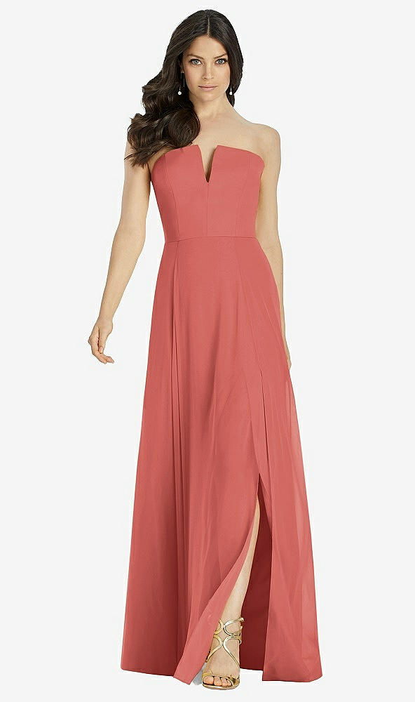 Front View - Coral Pink Strapless Notch Chiffon Maxi Dress