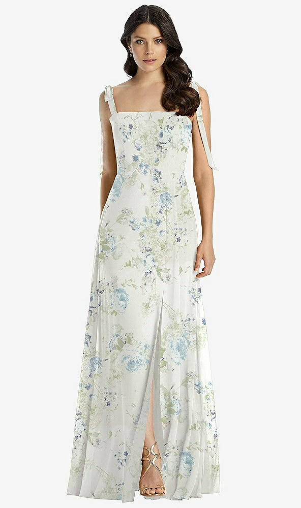 Front View - Bleu Garden Tie-Shoulder Chiffon Maxi Dress with Front Slit