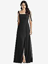 Front View Thumbnail - Black Tie-Shoulder Chiffon Maxi Dress with Front Slit