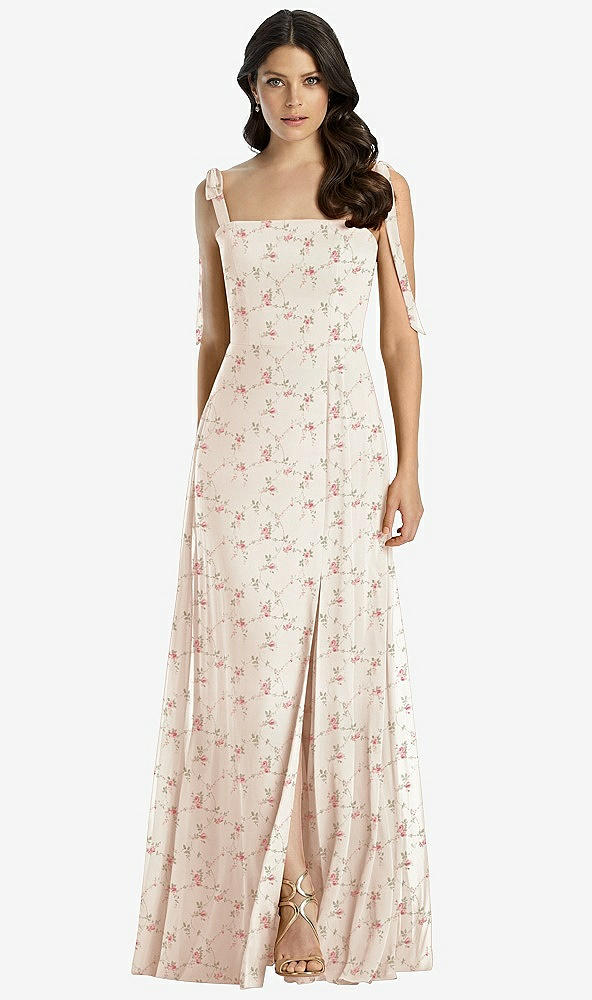 Front View - Coquette Floral Print Tie-Shoulder Chiffon Maxi Dress with Front Slit