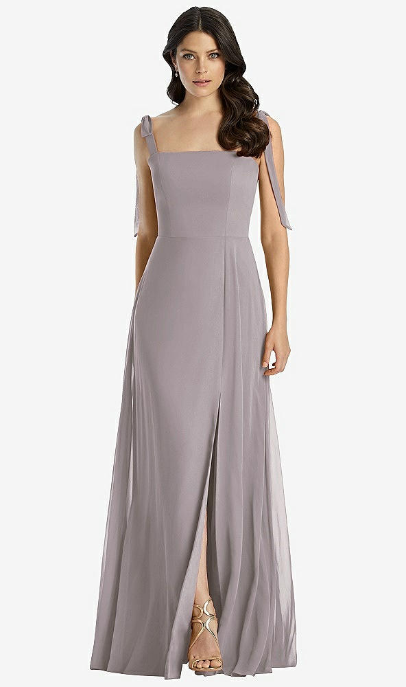 Front View - Cashmere Gray Tie-Shoulder Chiffon Maxi Dress with Front Slit