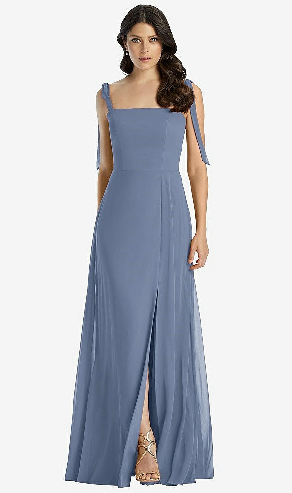 Front View - Larkspur Blue Tie-Shoulder Chiffon Maxi Dress with Front Slit