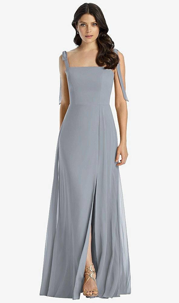 Front View - Platinum Tie-Shoulder Chiffon Maxi Dress with Front Slit