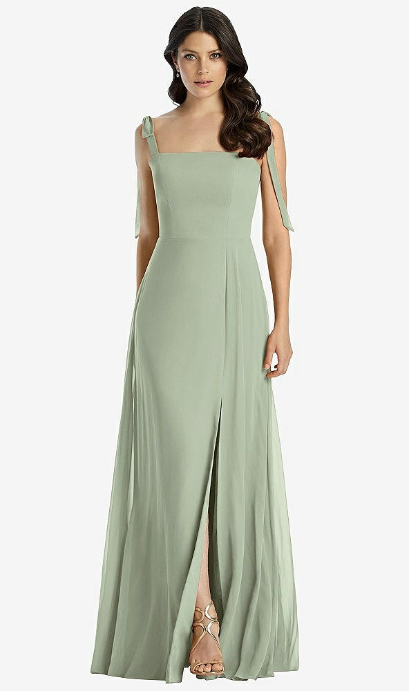 Front View - Sage Tie-Shoulder Chiffon Maxi Dress with Front Slit