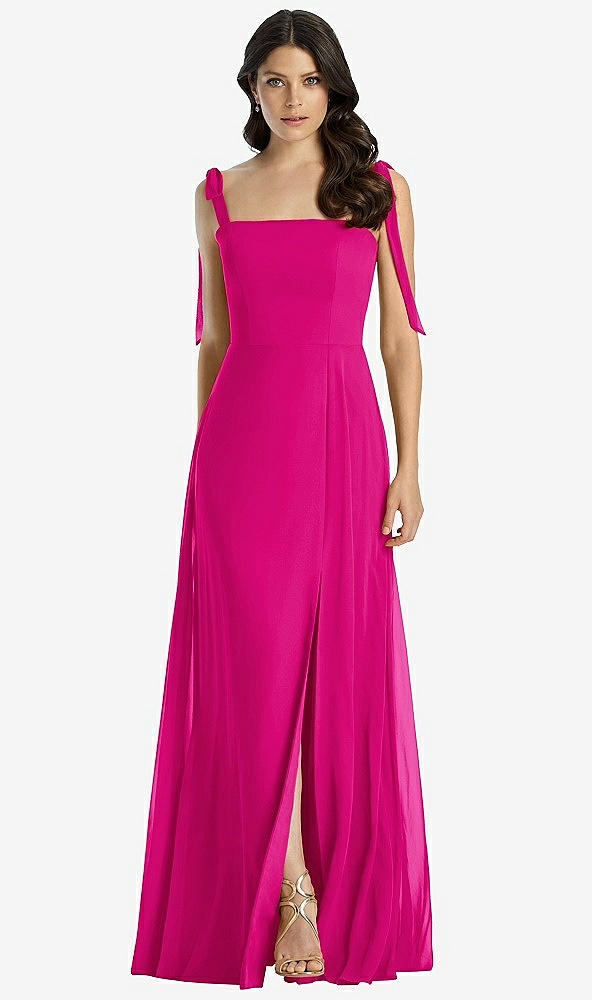 Front View - Think Pink Tie-Shoulder Chiffon Maxi Dress with Front Slit