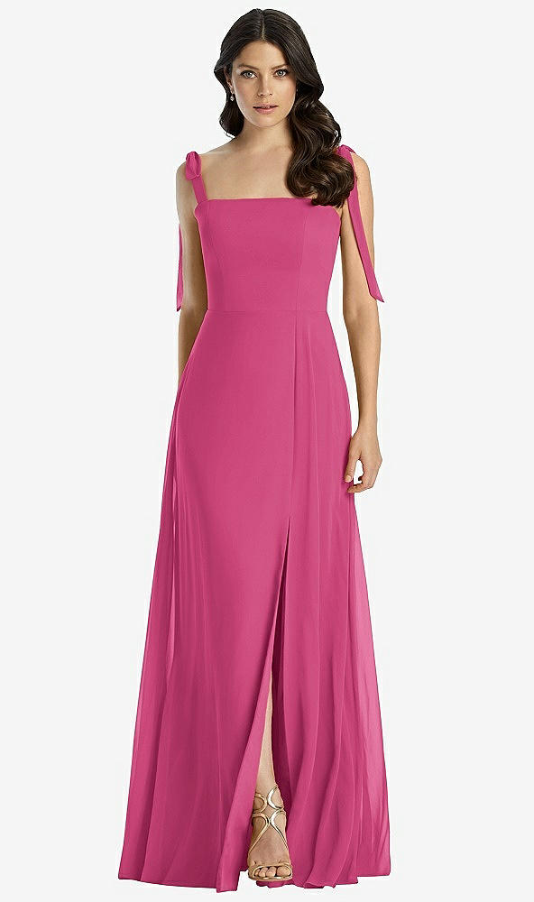 Front View - Tea Rose Tie-Shoulder Chiffon Maxi Dress with Front Slit