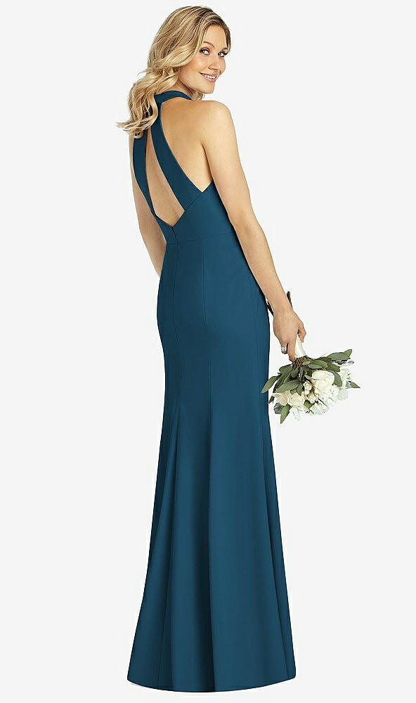 Back View - Atlantic Blue High-Neck Cutout Halter Trumpet Gown