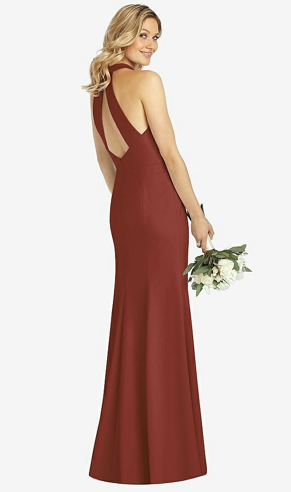 Back View - Auburn Moon High-Neck Cutout Halter Trumpet Gown