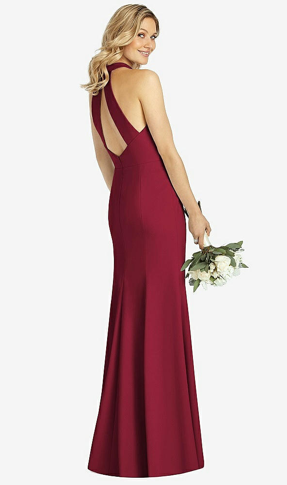 Back View - Burgundy High-Neck Cutout Halter Trumpet Gown