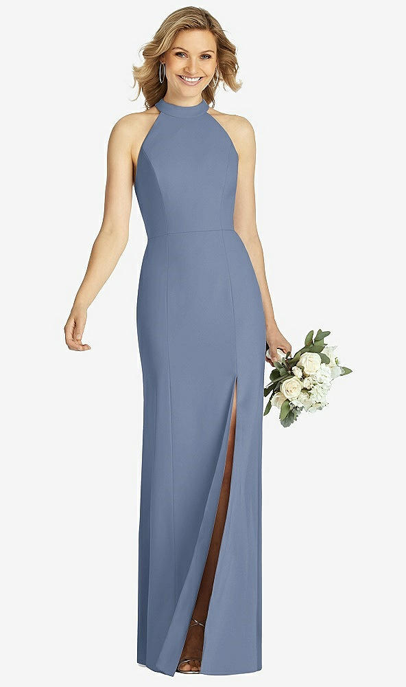 Front View - Larkspur Blue High-Neck Cutout Halter Trumpet Gown