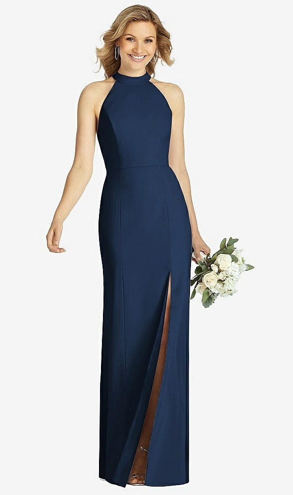 Front View - Midnight Navy High-Neck Cutout Halter Trumpet Gown