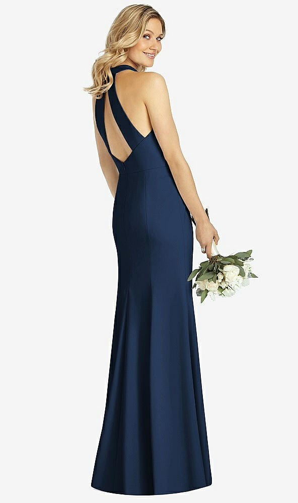 Back View - Midnight Navy High-Neck Cutout Halter Trumpet Gown