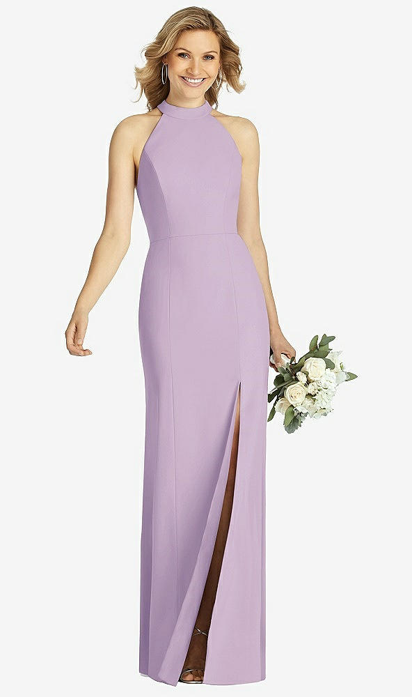 Front View - Pale Purple High-Neck Cutout Halter Trumpet Gown