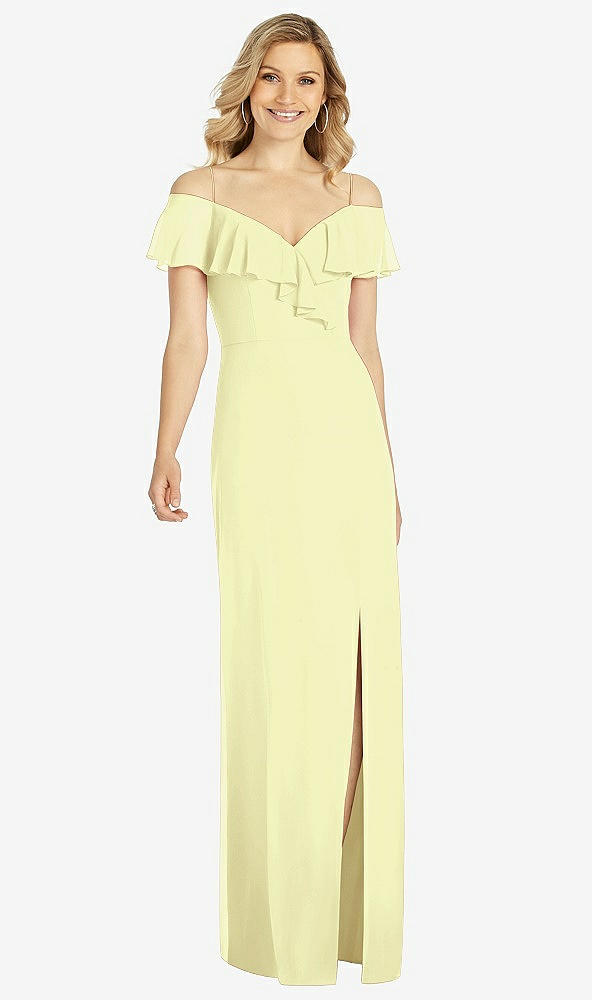 Front View - Butter Yellow Ruffled Cold-Shoulder Maxi Dress