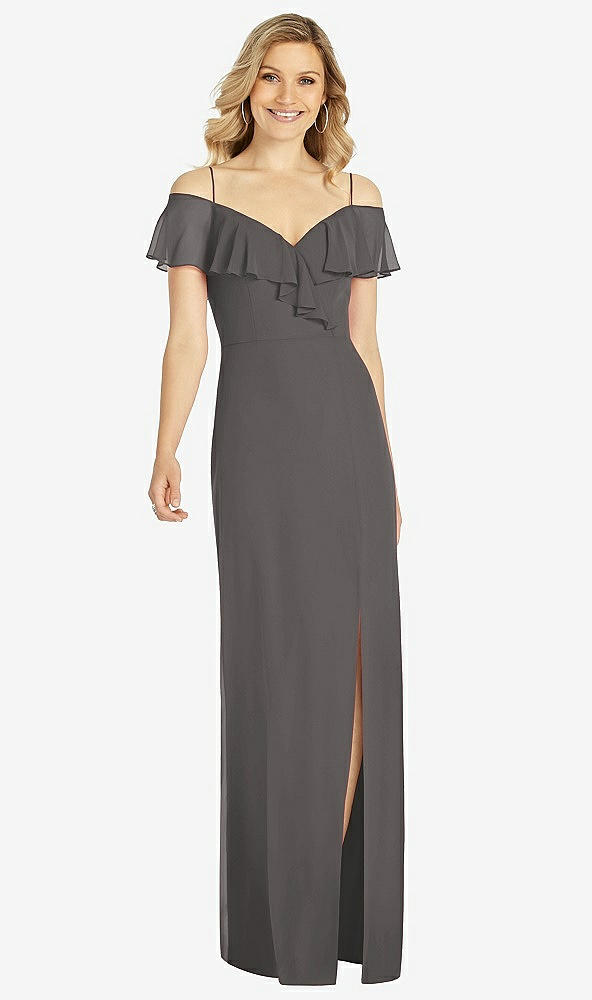 Front View - Caviar Gray Ruffled Cold-Shoulder Maxi Dress