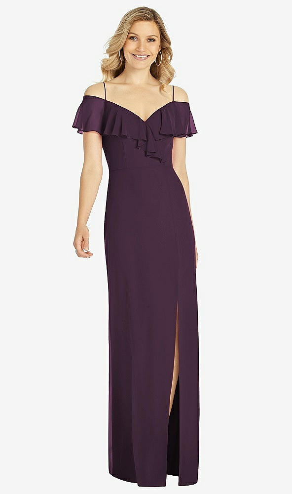 Front View - Aubergine Ruffled Cold-Shoulder Maxi Dress