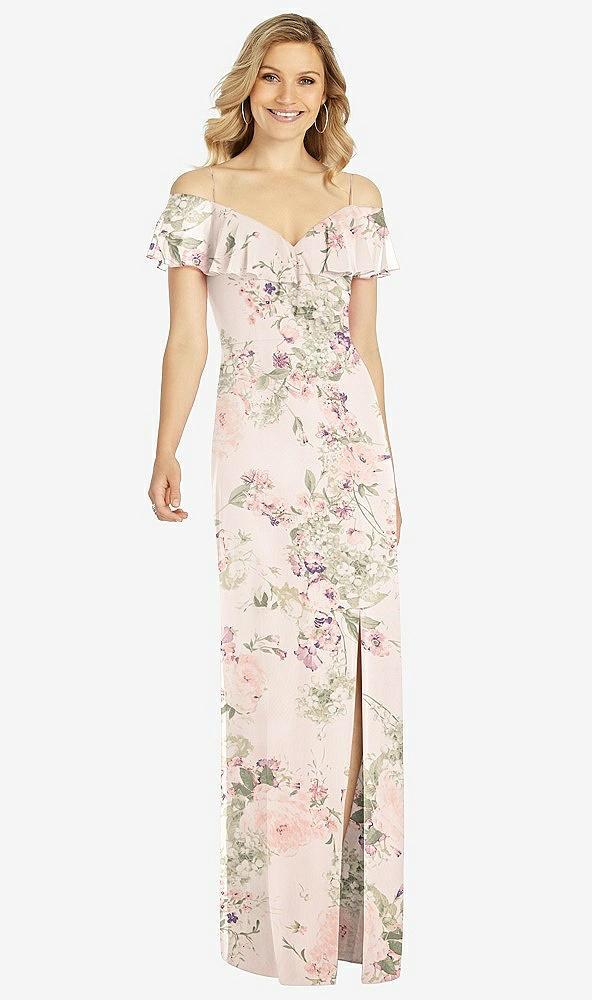 Front View - Blush Garden Ruffled Cold-Shoulder Maxi Dress