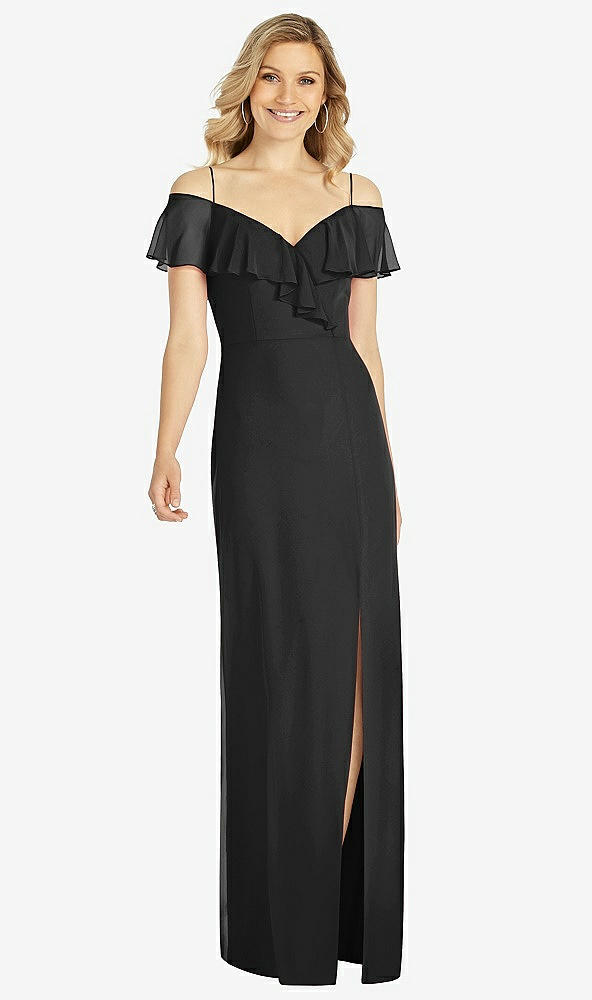 Front View - Black Ruffled Cold-Shoulder Maxi Dress